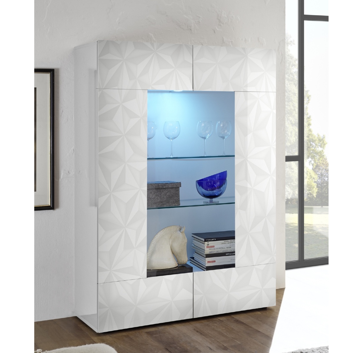 Vitrine moderne laqué blanc 2 portes vitrées avec LED CAPRI