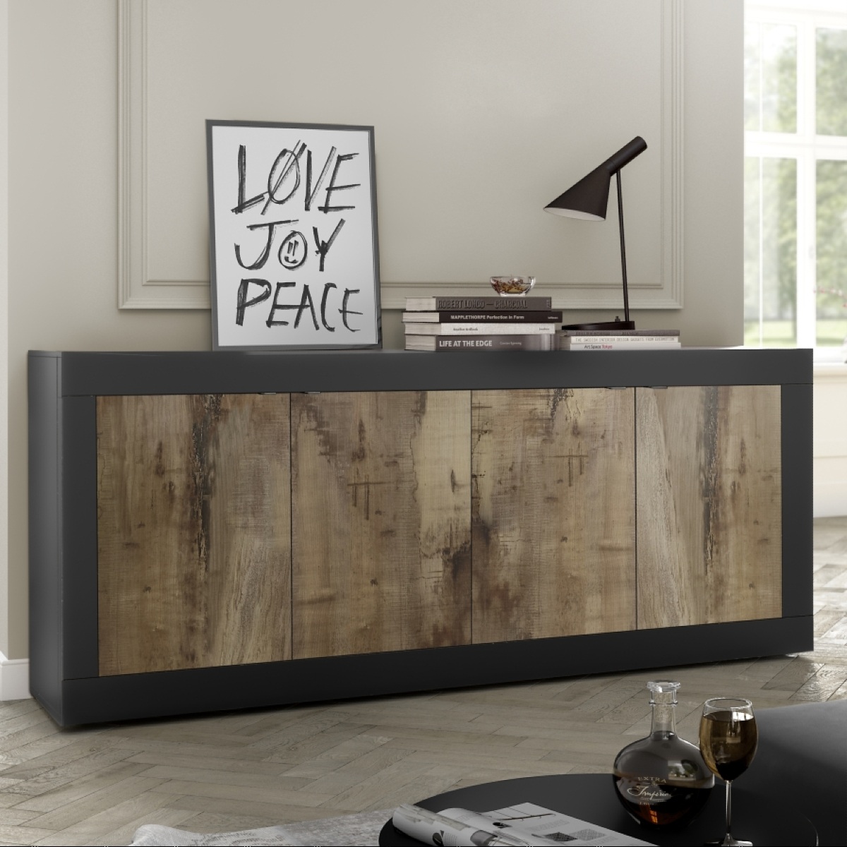 Buffet bas 4 portes noir et bois 210cm CALIA