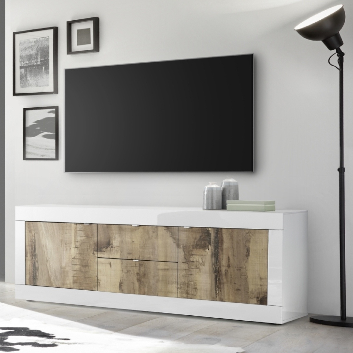 Meuble TV 2 portes - 2 tiroirs blanc et bois 210cm CALIA