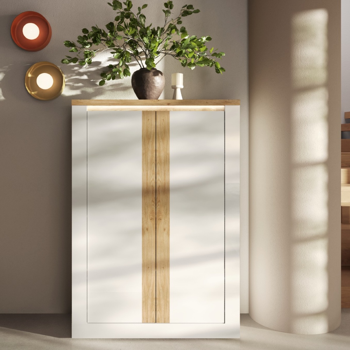 Argentier-bar moderne laqué blanc et bois + led ARIA