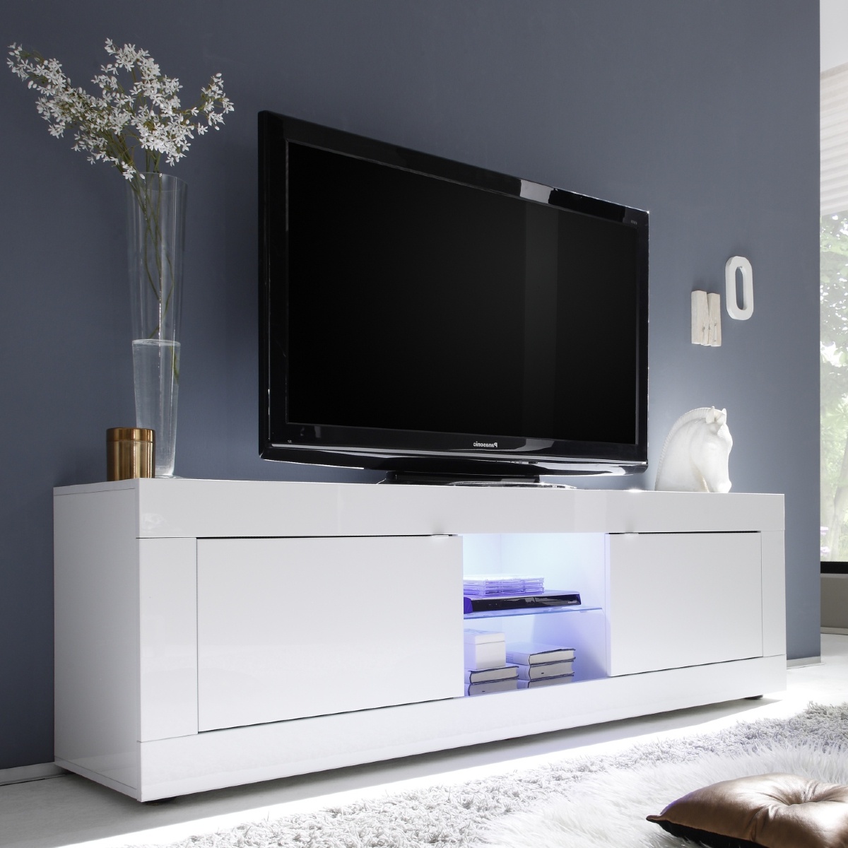 Meuble TV 2 portes - 2 niches blanc laqué 180cm CALIA