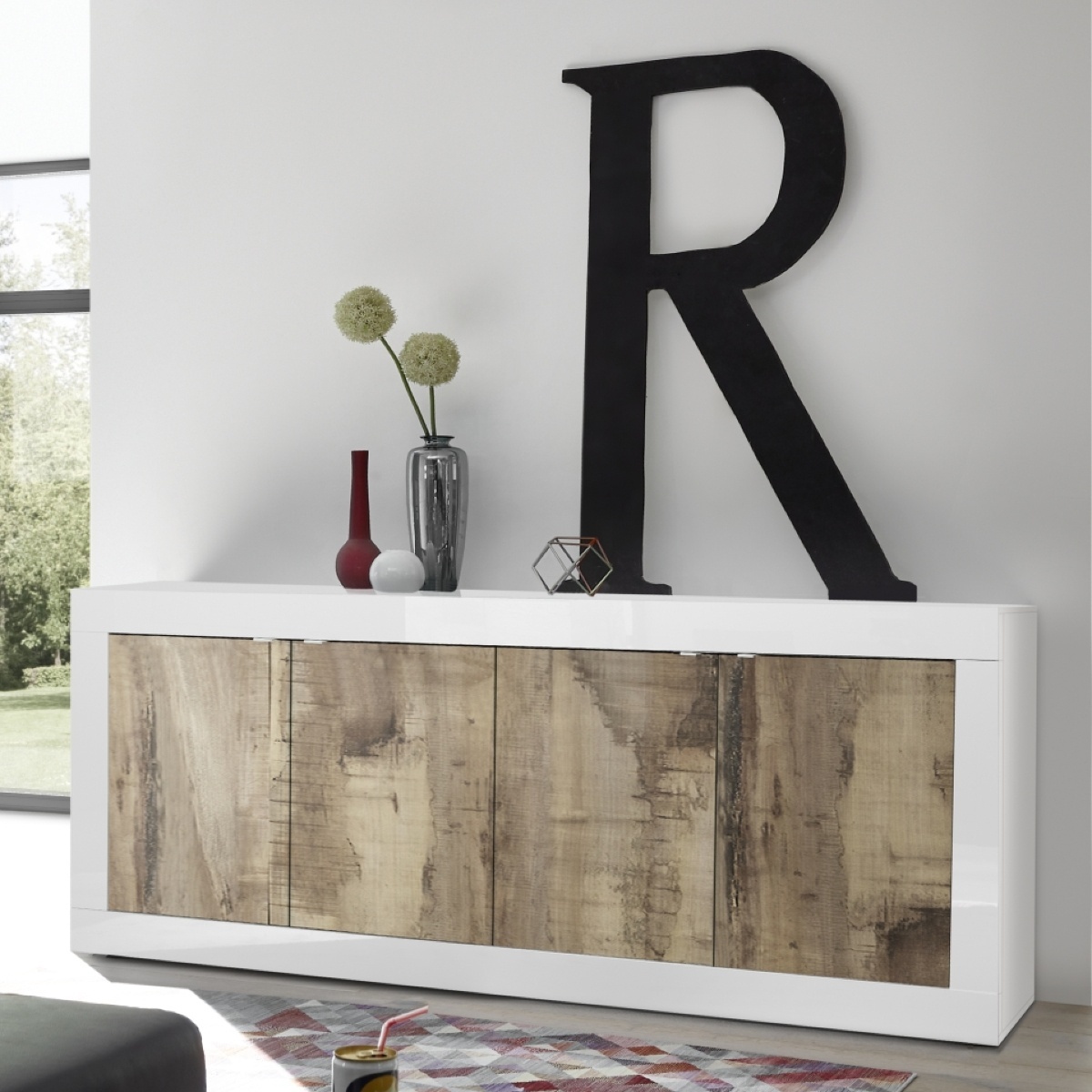 Buffet bas moderne 4 portes blanc et bois 210cm CALIA