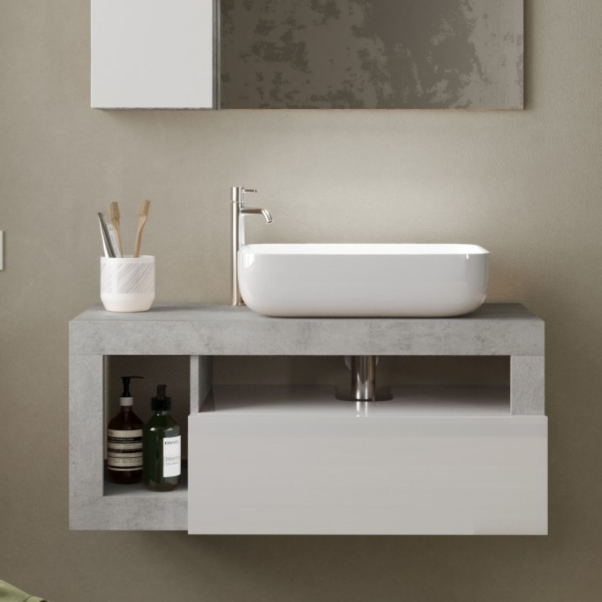 Meuble suspendu salle de bain gris béton et blanc L 90cm GAMA