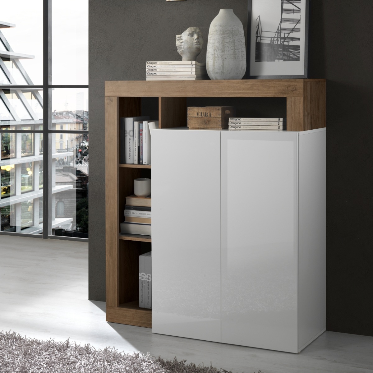 Buffet haut moderne laqué blanc et noyer GAMA