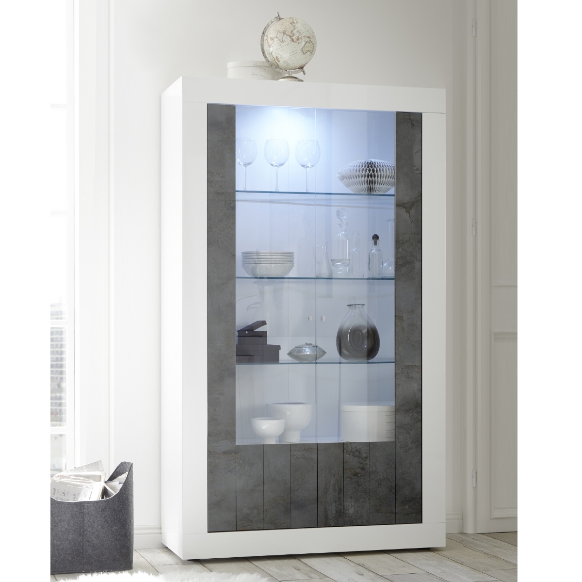 Vitrine moderne blanc laqué et gris oxyde 2 portes 110cm NIO