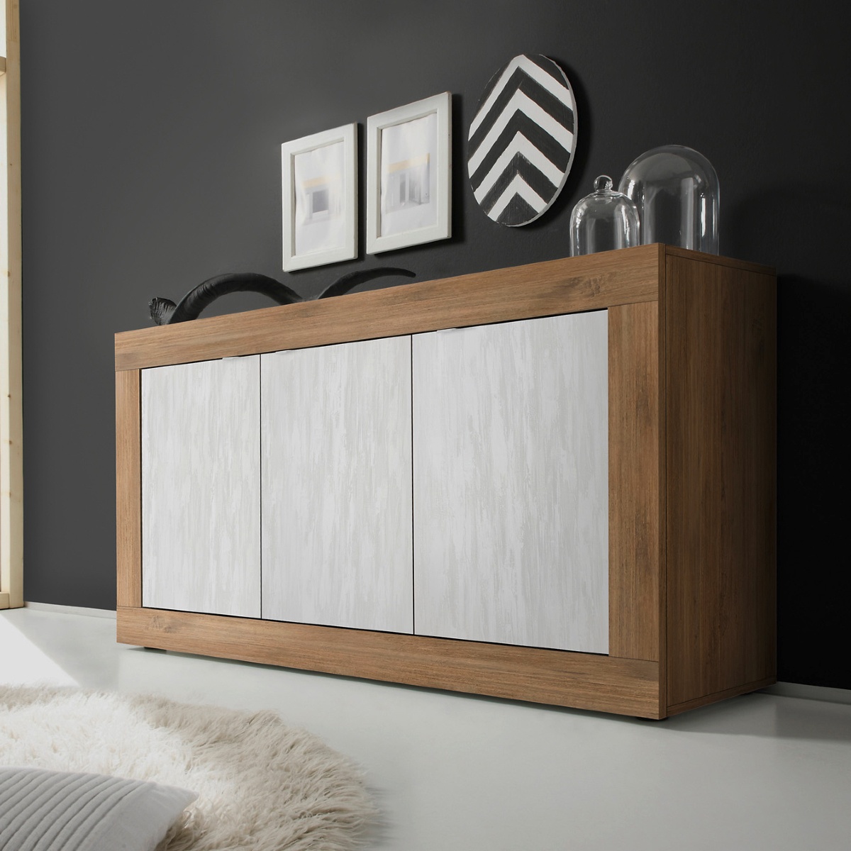 Buffet bas moderne noyer et blanc 3 portes 160cm CALIA 2