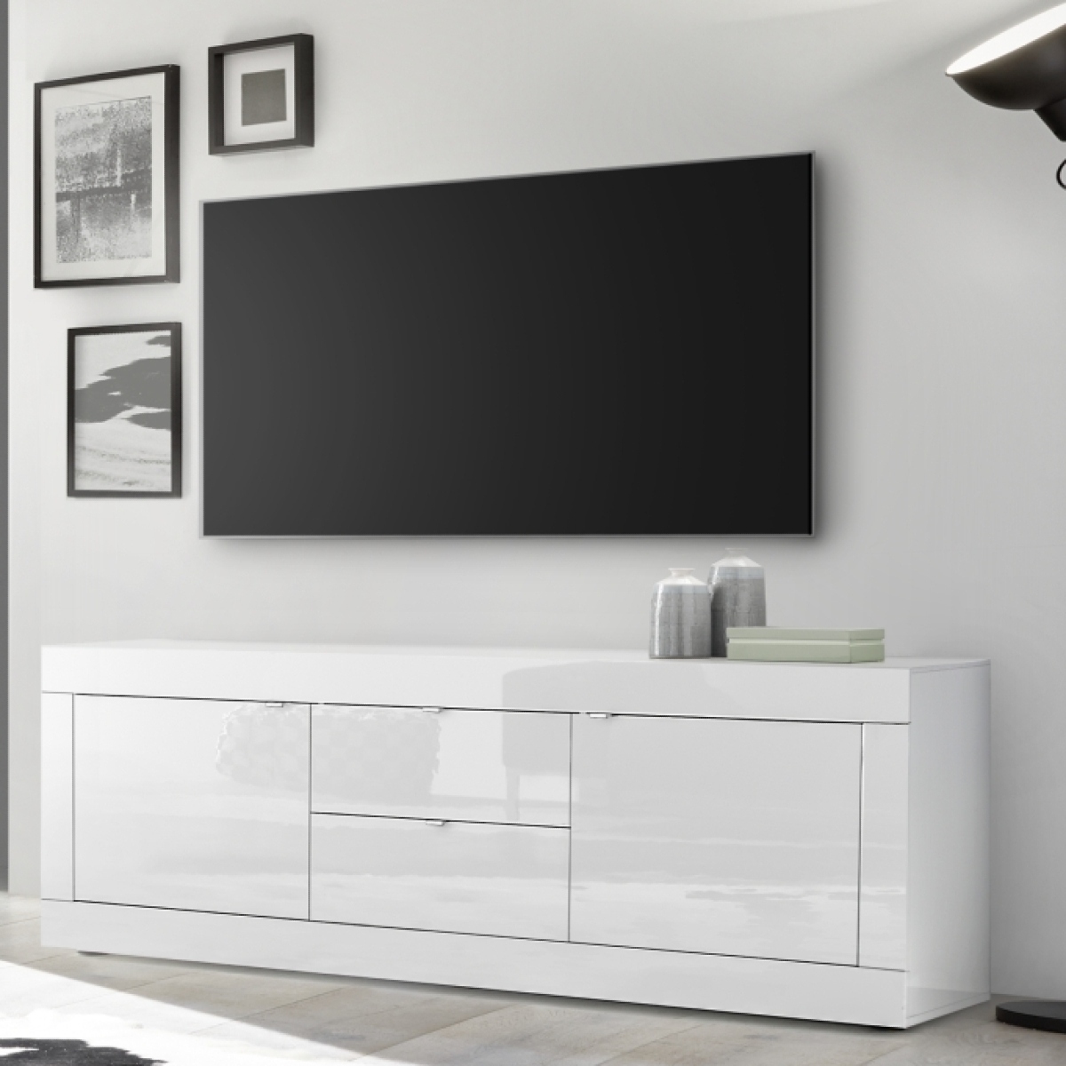 Meuble TV 2 portes - 2 tiroirs blanc laqué 210cm CALIA