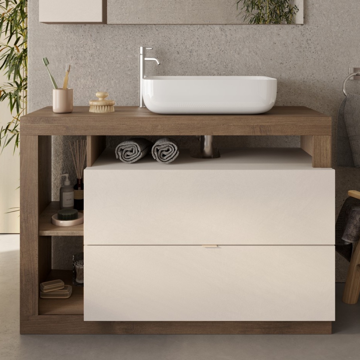 Meuble salle de bain couleur noyer et blanc + vasque L 110cm GAMA