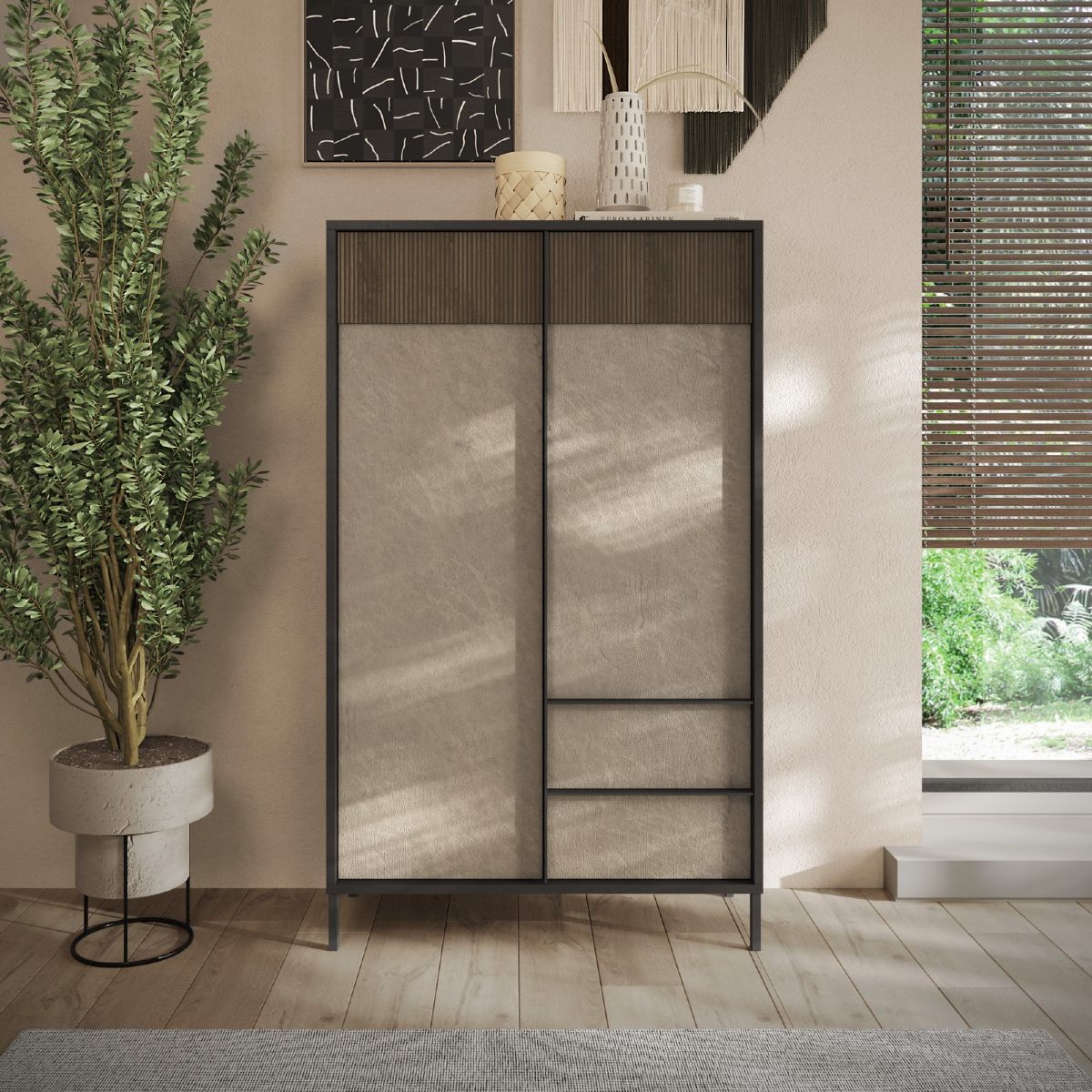 Argentier moderne 2 portes-2 tiroirs bois et travertin EZE