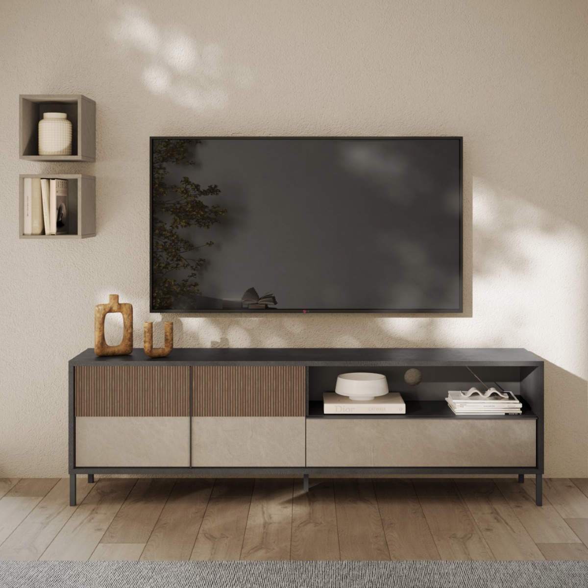 Meuble TV moderne bois strié et travertin 210cm EZE