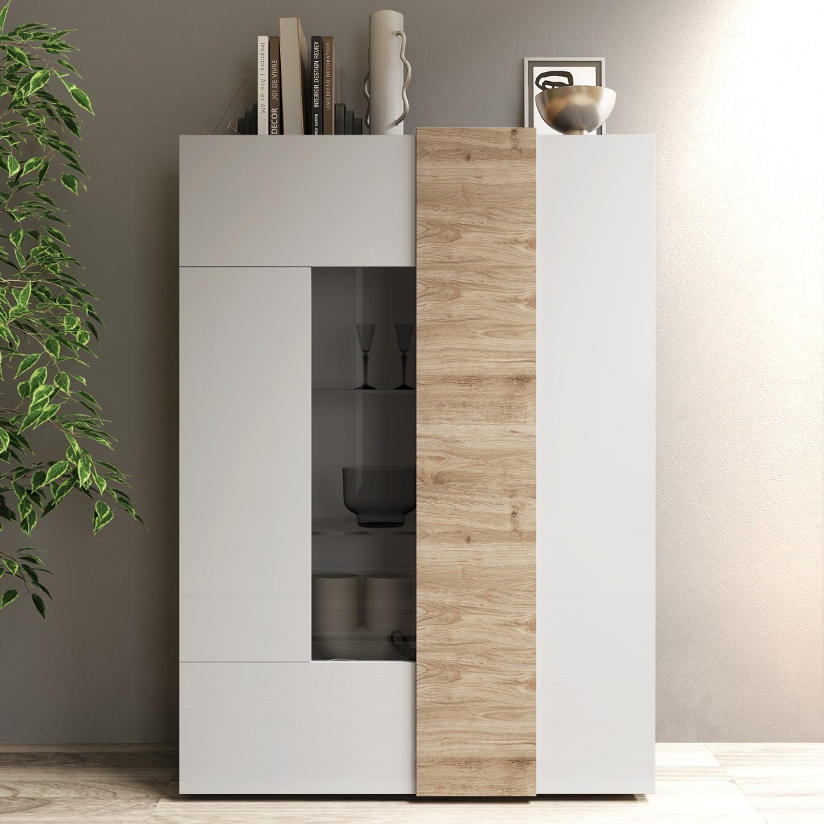 Vitrine moderne blanc et bois 2 portes SIA