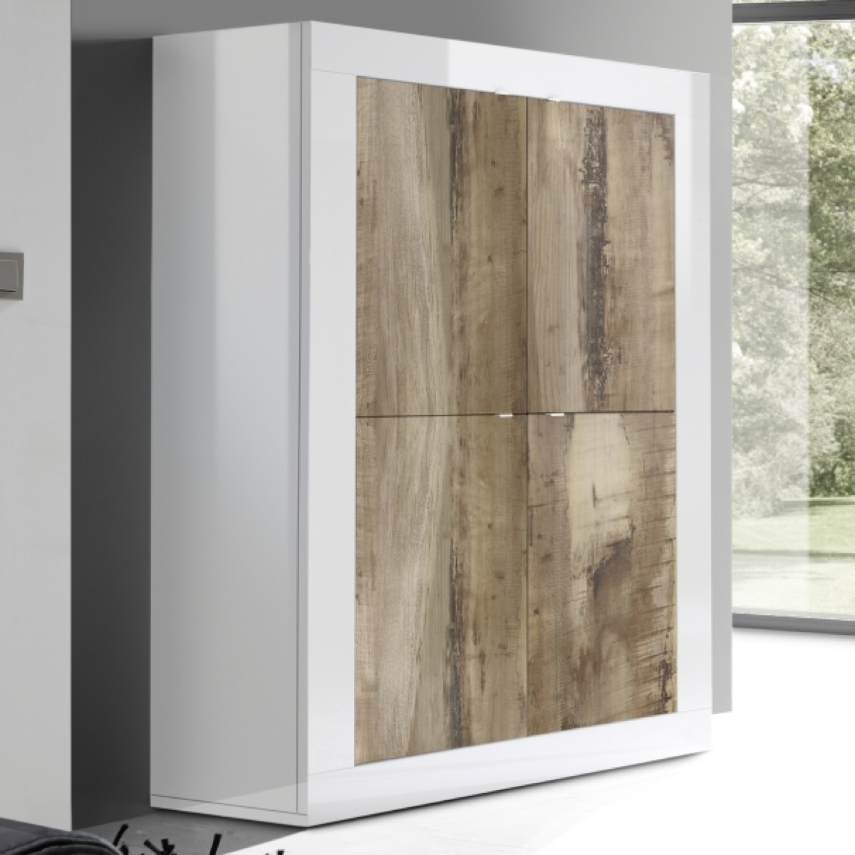 Argentier-bar 4 portes pleines blanc et bois CALIA