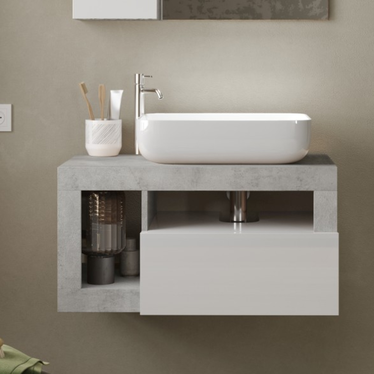 Meuble suspendu salle de bain gris béton et blanc L 80cm GAMA