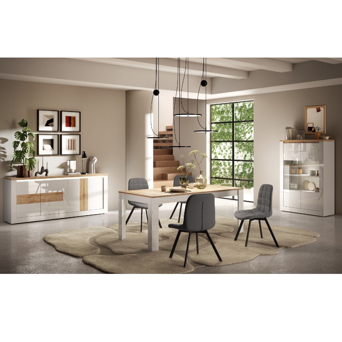 Salle à manger complète moderne laqué blanc et bois ARIA