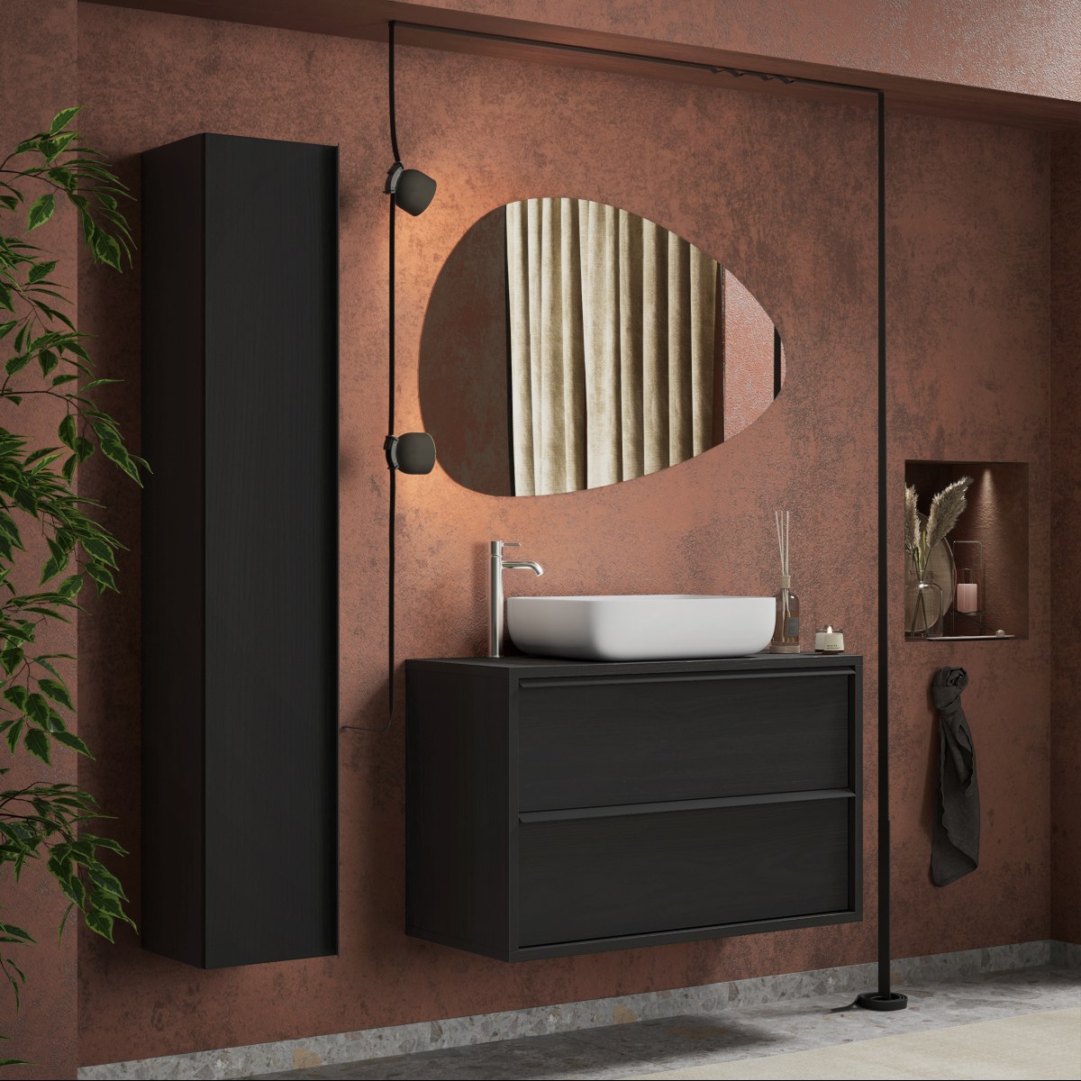 Ensemble de salle de bain (meuble suspendu + vasque + miroir + colonne) 105cm LOIS