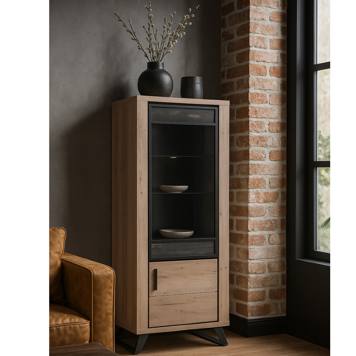 Colonne contemporaine 2portes dont 1 vitrée décor chêne PERO