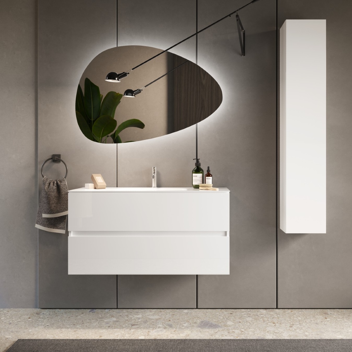 Ensemble de salle de bain TANIA (Meuble suspendu 80cm + vasque + miroir LED + colonne)