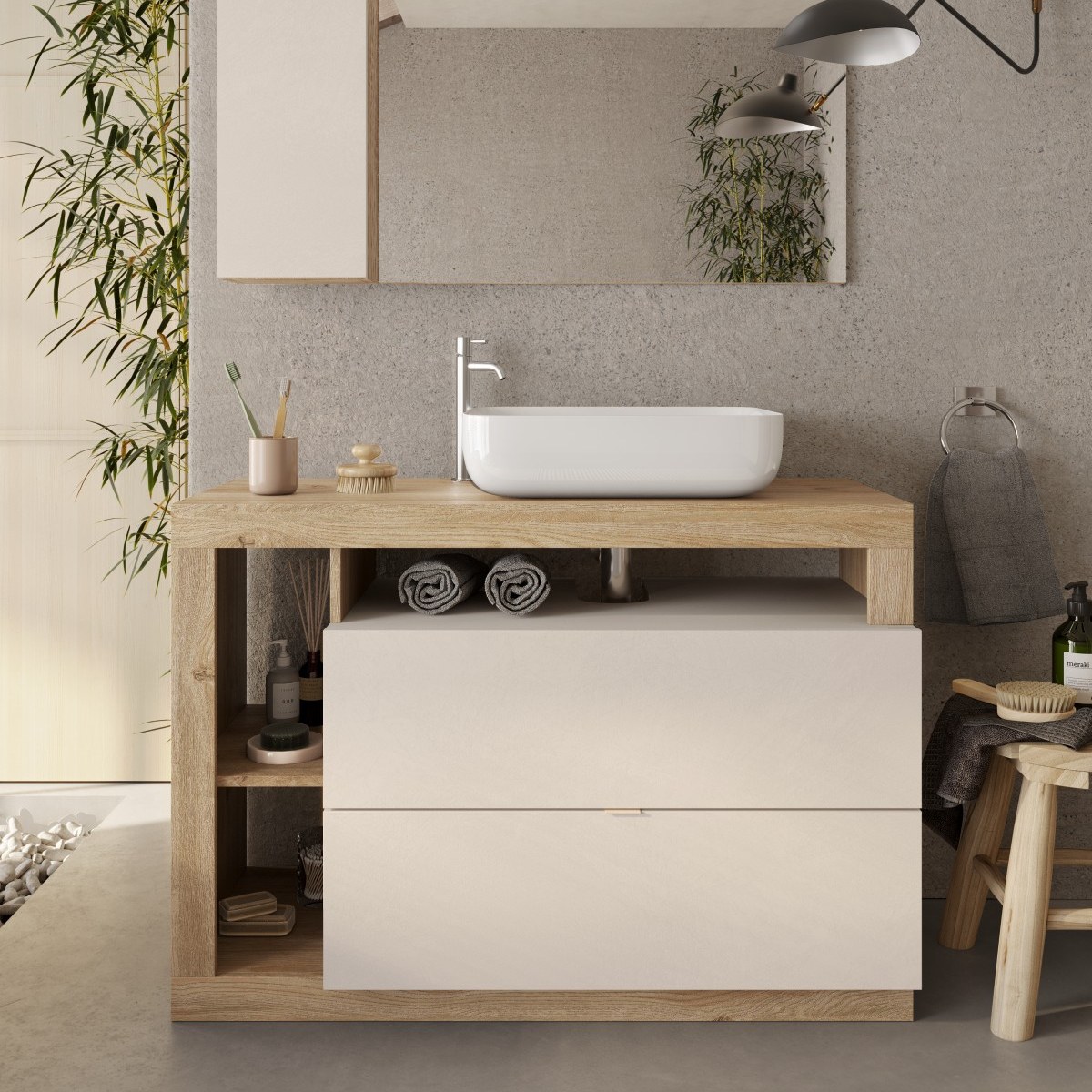 Meuble salle de bain couleur chêne et blanc + vasque L 110cm GAMA