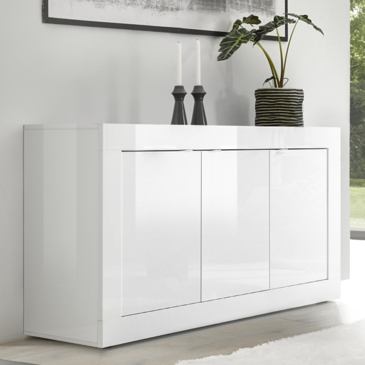 Buffet bas moderne 3 portes blanc laqué 160cm CALIA