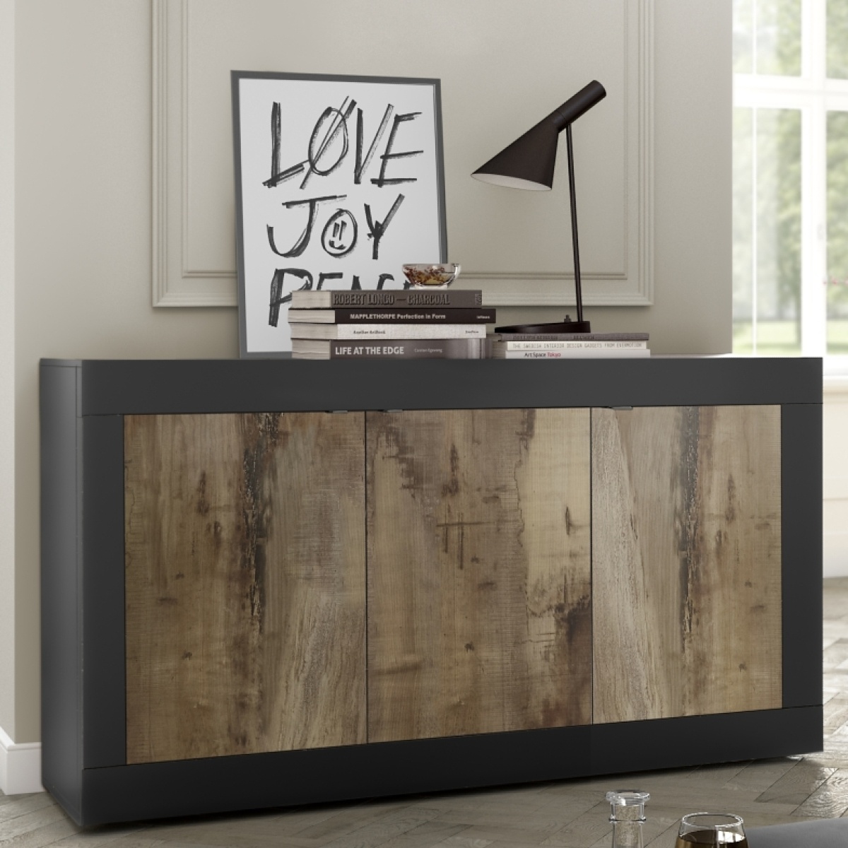 Buffet bas moderne 3 portes noir et bois 160cm CALIA