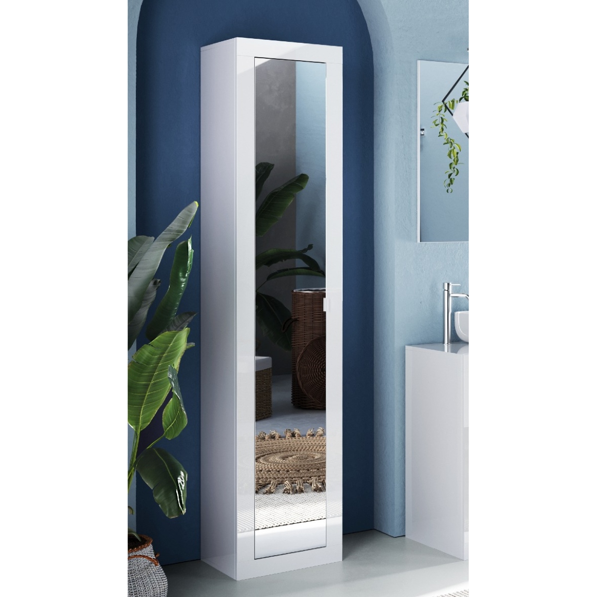 Colonne de salle de bain 1 porte miroir laqué blanc H195cm CALIA