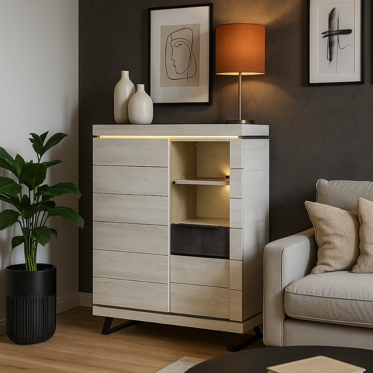 Argentier-bar contemporain chêne blanchi + LED 125cm GILDA