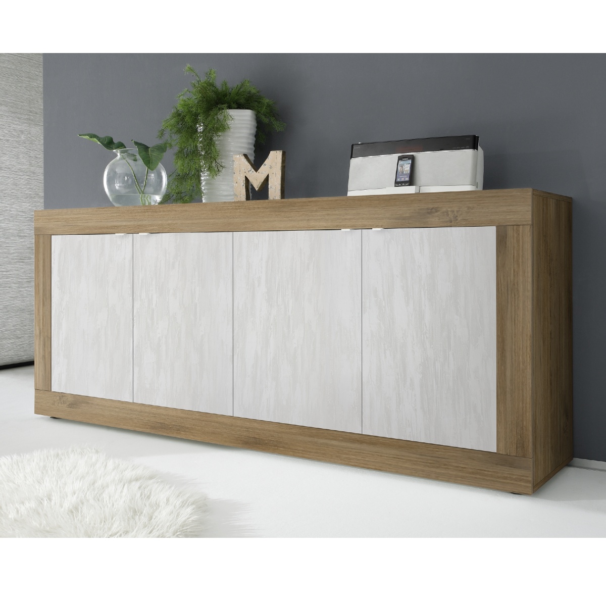 Buffet bas moderne noyer et blanc 4 portes 210cm CALIA 2