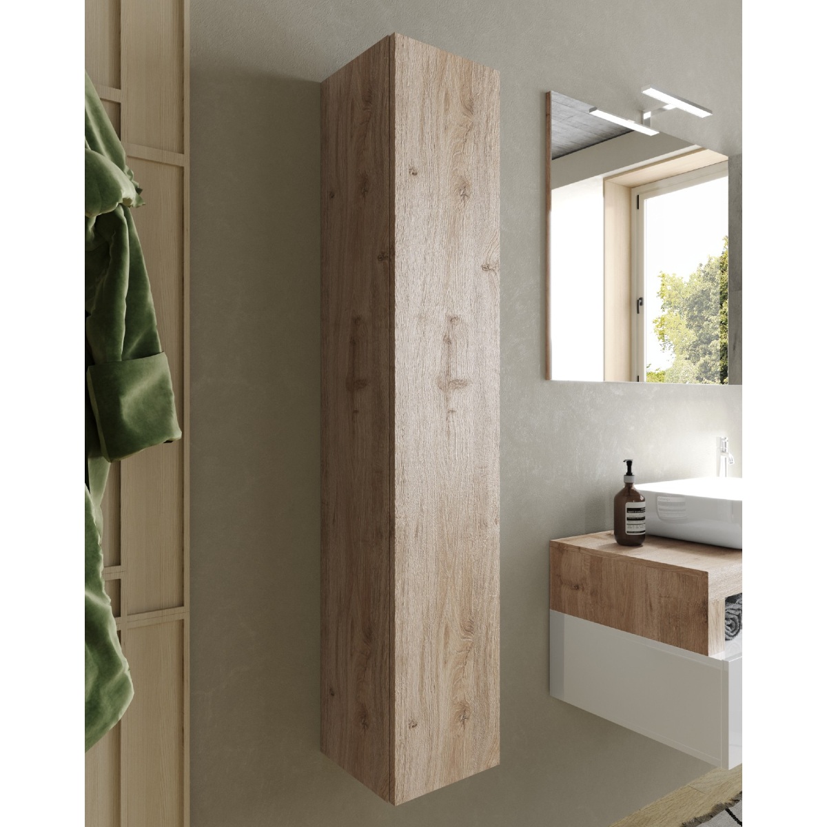 Colonne murale salle de bain blanc et bois naturel GAMA